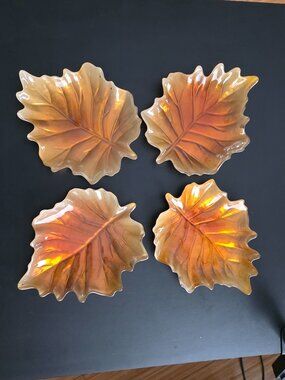 Glass Maple Leaf Serving Plates with Autumn Colors & Gold backing, Set of 4